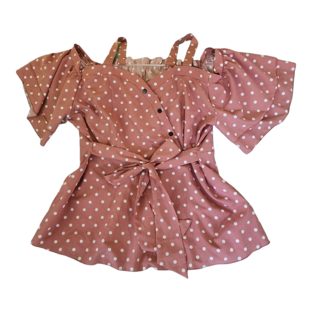 đSHEIN Dusty Pink Cold Shoulder Polka Dot Belted Blouse (Curve+Plus 1X) - Picture 3 of 4